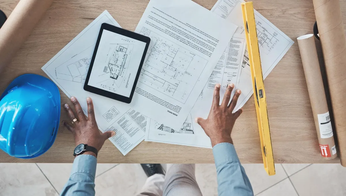 Mains posées sur des plans de bâtiment et une tablette, à côté d'un casque et d'un niveau